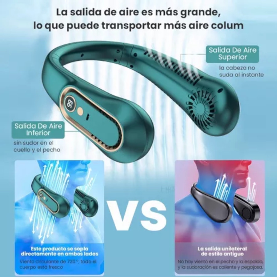 Ventilador para Cuello, portátil personal, USB, Recargable, con Pantalla Digital de 5 Velocidades, silencioso y manos libres.