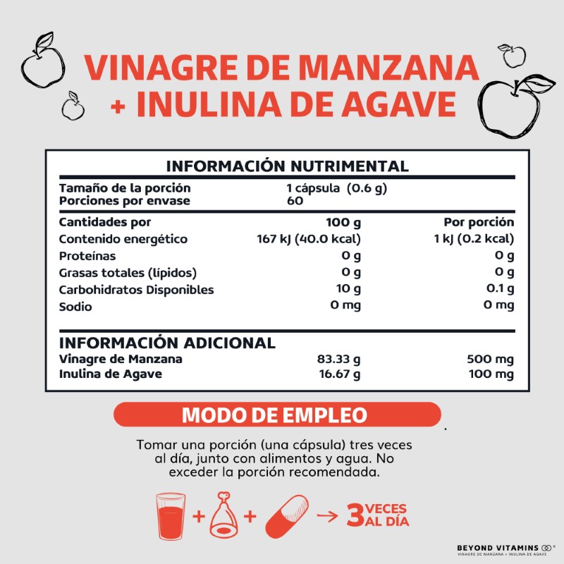 Vinagre de Manzana, Inulina de Agave, Vitaminas Suplemento Alimenticio - 60 Cápsulas