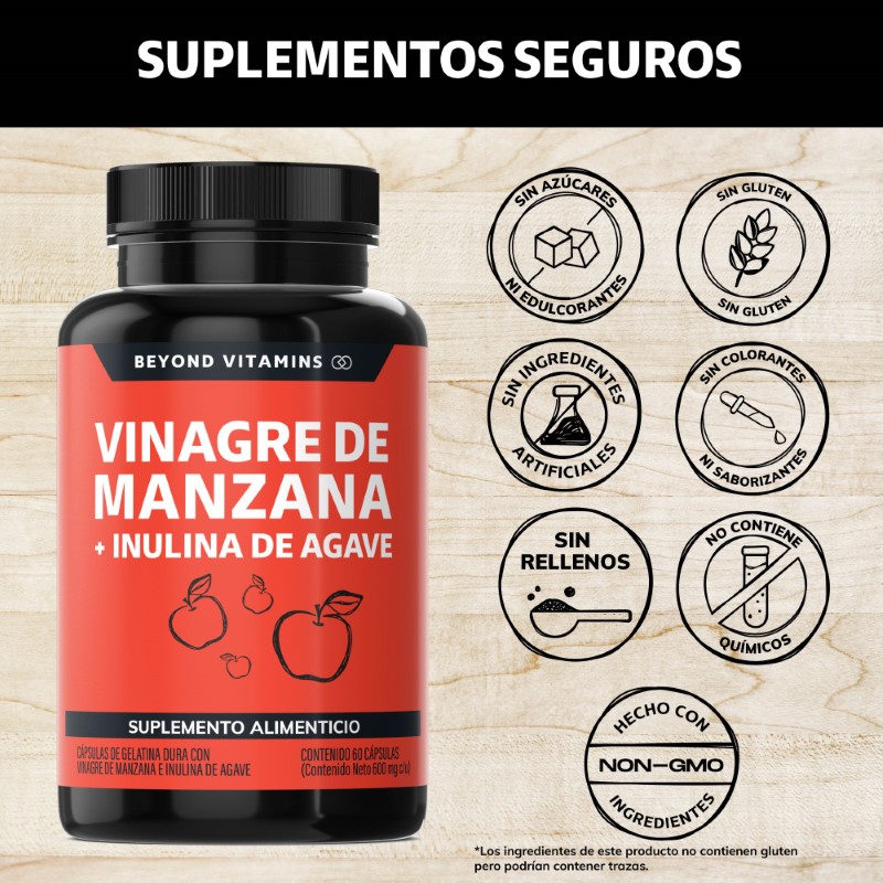 Vinagre de Manzana, Inulina de Agave, Vitaminas Suplemento Alimenticio - 60 Cápsulas