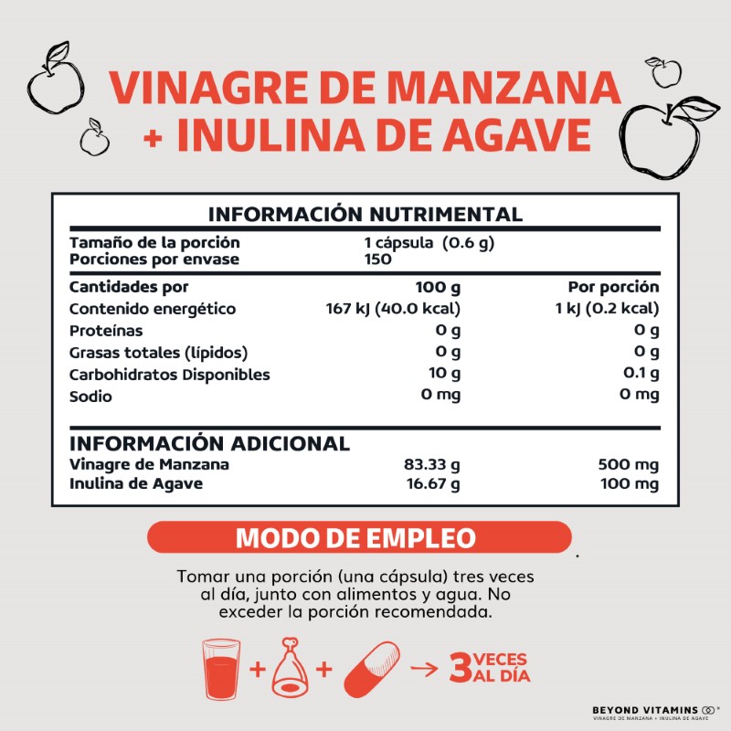 Vinagre de Manzana, Inulina de Agave, Vitaminas Suplemento Alimenticio - 150 Cápsulas