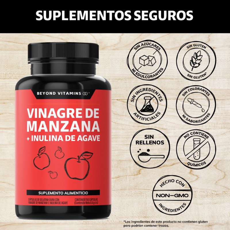 Vinagre de Manzana, Inulina de Agave, Vitaminas Suplemento Alimenticio - 150 Cápsulas