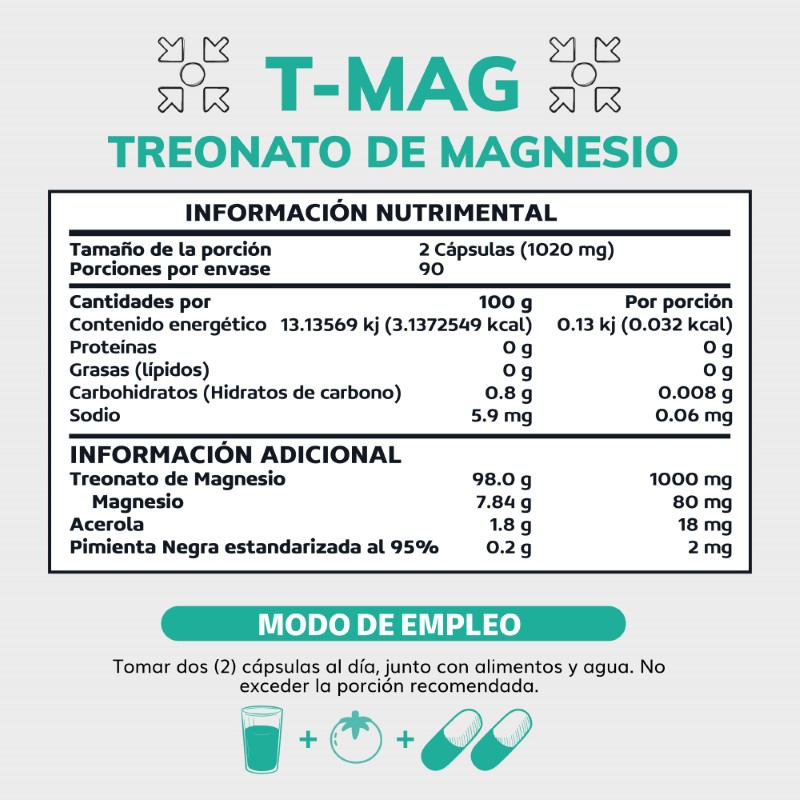 Suplemento Alimenticio T-MAG L- Treonato Magnesio, Acerola y Pimienta Negra Beyond Vitamins 180 cápsulas