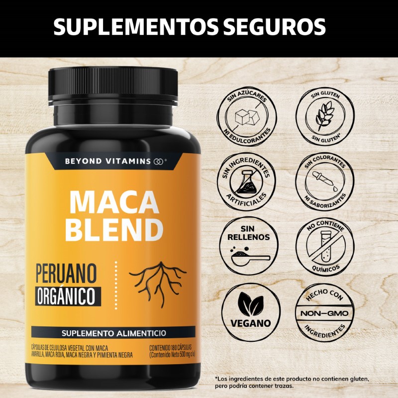 Suplemento Alimenticio Maca Blend Maca Amarilla, Maca Negra, Maca Roja y Pimienta Negra Beyond Vitamins 180 cápsulas