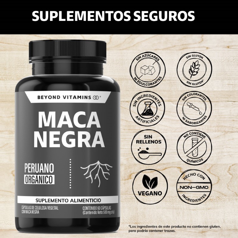 Suplemento Alimenticio Maca Peruana Negra Orgánica 100% Pura Beyond Vitamins 60 cápsulas