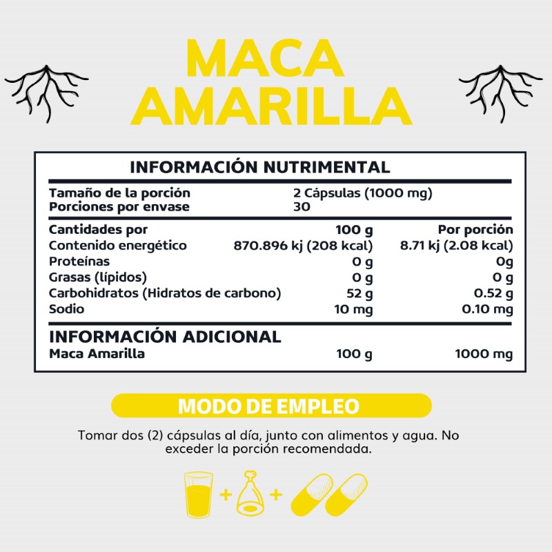 Suplemento Alimenticio Maca Peruana Amarilla Orgánica 100% Pura Beyond Vitamins 60 cápsulas