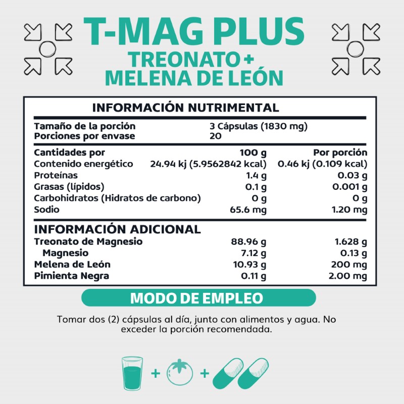 Suplemento Alimenticio T-MAG Plus L- Treonato + Melena de León  Beyond Vitamins 60 cápsulas