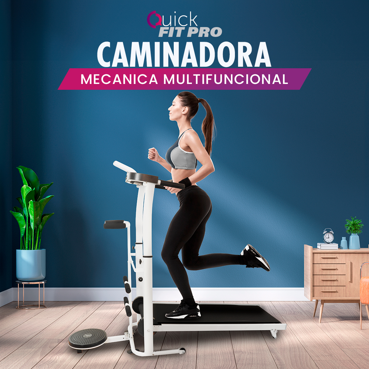 Caminadora Fitness Manual 4 en 1 Plegable Quick Fit Pro TV Ofertas Blanca, Portátil, con Bocina, ligas, barras y disco twister