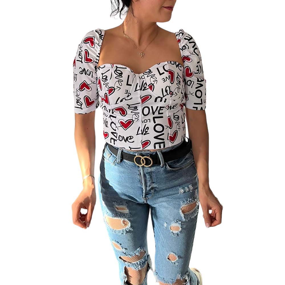 Blusa Top San Valentin Blanca Love Corazones Rojos.