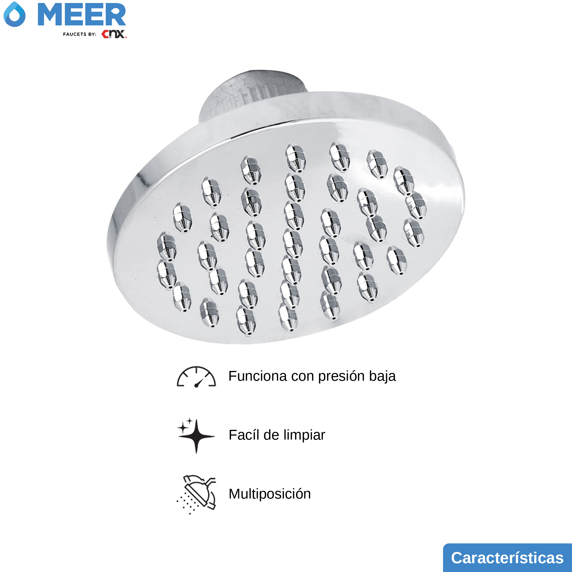 MEER Faucets  by CNX | Regadera Redonda de 10 cm, Cabezal de Ducha de ABS Cromado. Multiposición, Anti-Sarro y Funciona con Presión Baja