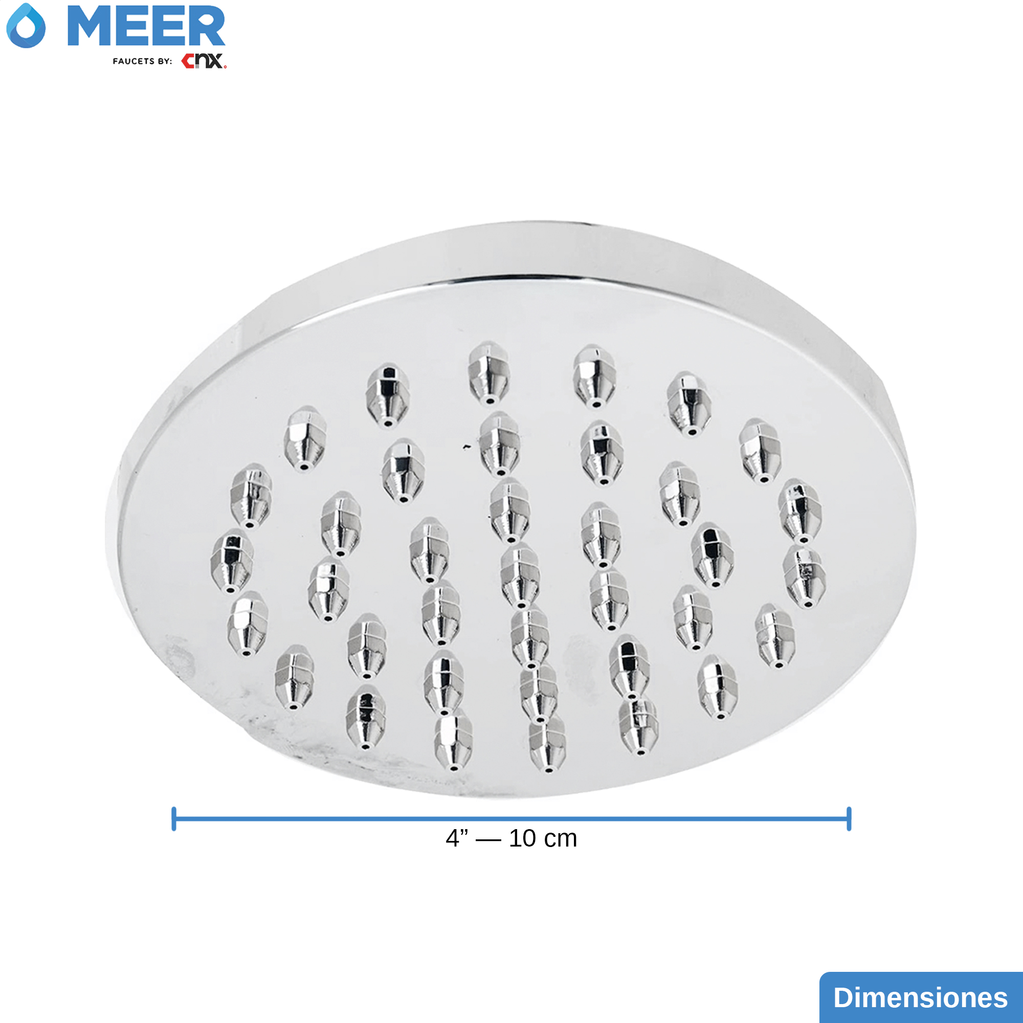MEER Faucets  by CNX | Regadera Redonda de 10 cm, Cabezal de Ducha de ABS Cromado. Multiposición, Anti-Sarro y Funciona con Presión Baja