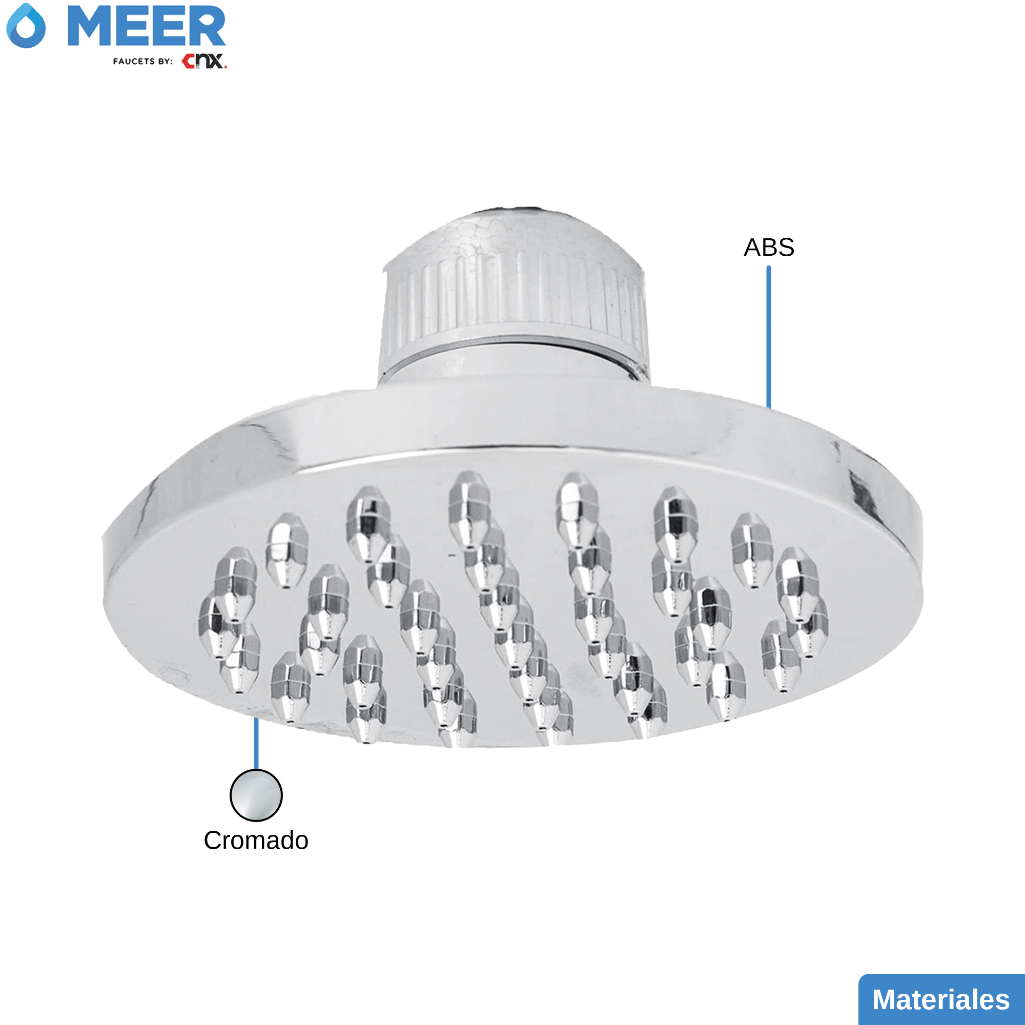 MEER Faucets  by CNX | Regadera Redonda de 10 cm, Cabezal de Ducha de ABS Cromado. Multiposición, Anti-Sarro y Funciona con Presión Baja