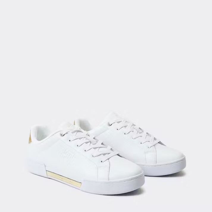 Tenis Tommy Hilfiger Deboss Blanco Dorado de Dama Original.
