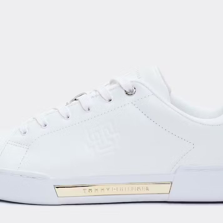 Tenis Tommy Hilfiger Deboss Blanco Dorado de Dama Original.