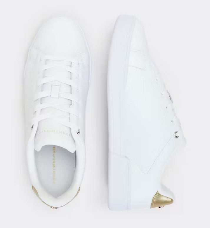 Tenis Tommy Hilfiger Deboss Blanco Dorado de Dama Original.