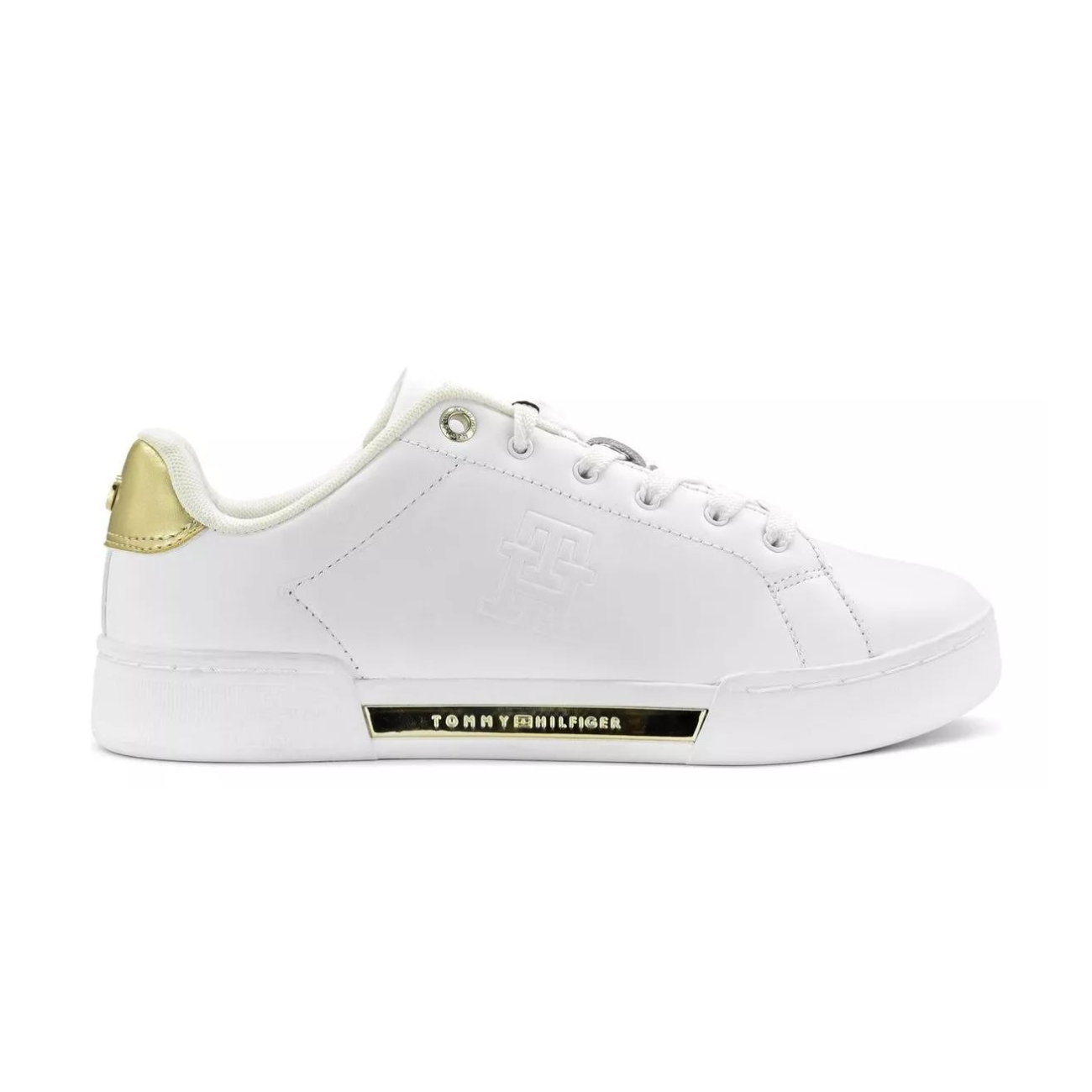Tenis Tommy Hilfiger Deboss Blanco Dorado de Dama Original.
