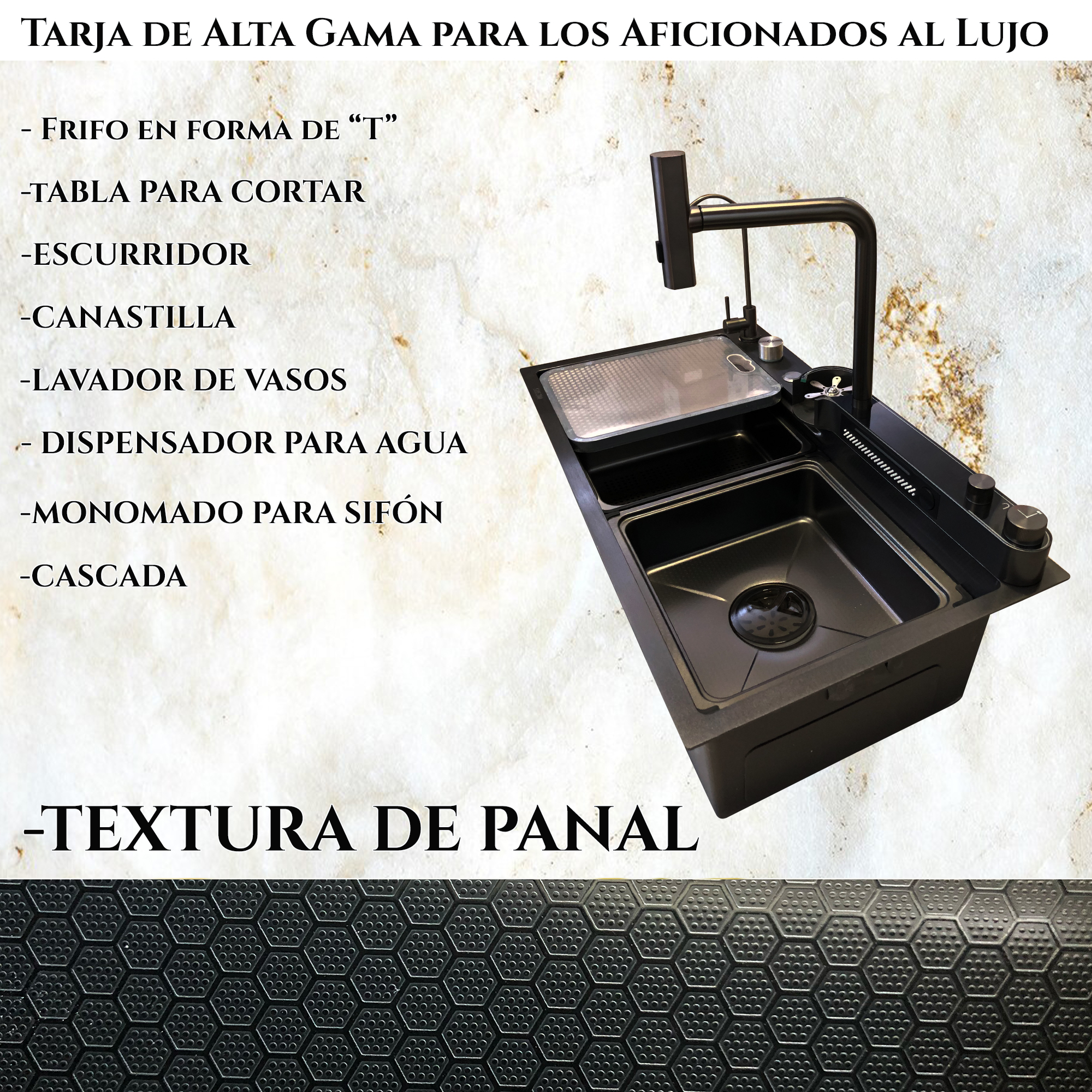 Tarja para Cocina Fregadero Lujo Cascada Led Grifo Acero Inoxidable Textura De Panal 80cm X 45cm X 20cm.