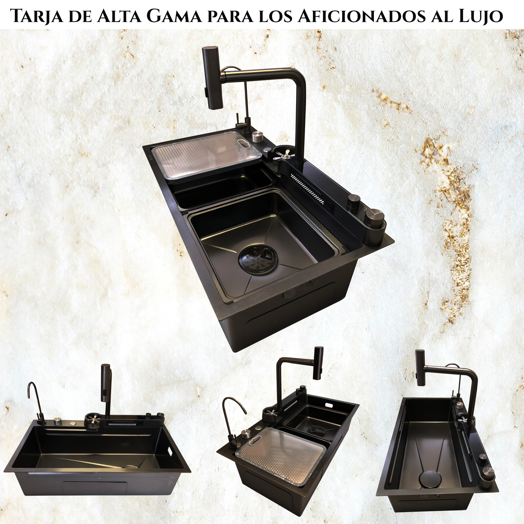 Tarja para Cocina Fregadero Lujo Cascada Led Grifo Acero Inoxidable Textura De Panal 80cm X 45cm X 20cm.
