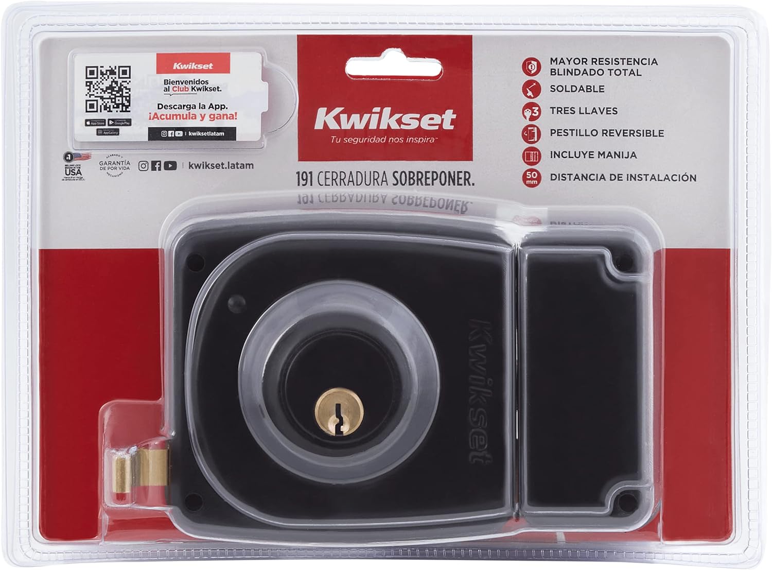 Kwikset 91910 Cerradura de Sobreponer 2 bulones (barras) 50mm Derecho Negra