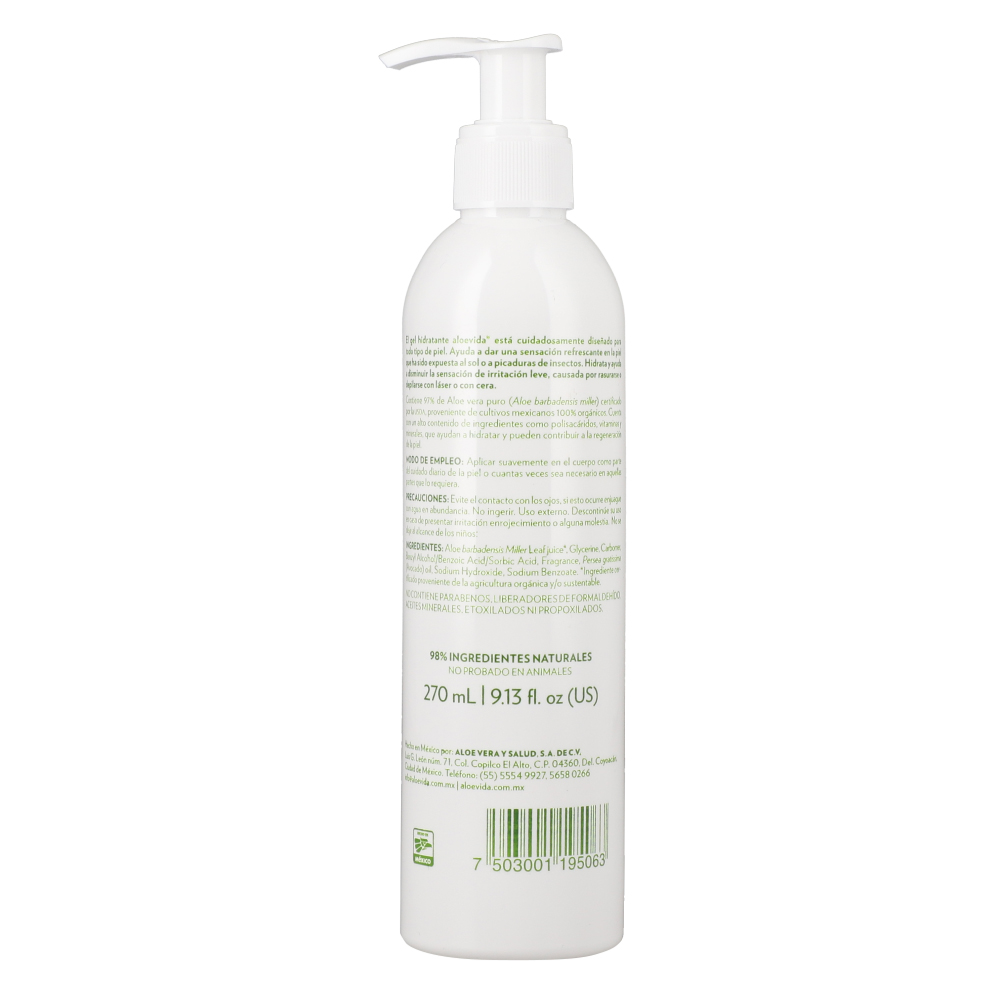 Gel Aloevida Hidrata 97% Aloe Vera Orgánico +aguacate 270 Ml