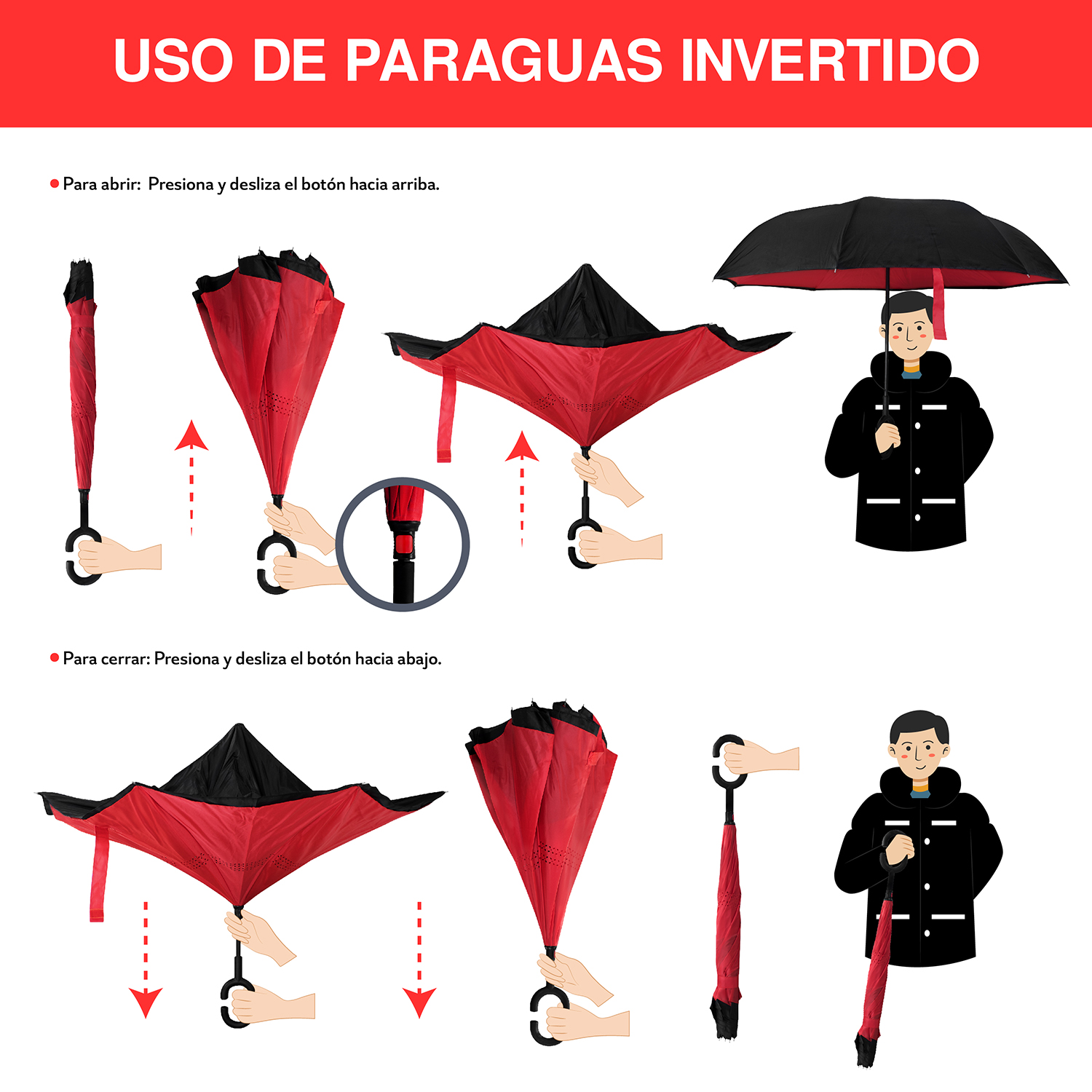 Paraguas con Diseño Invertido Negro / Rojo 