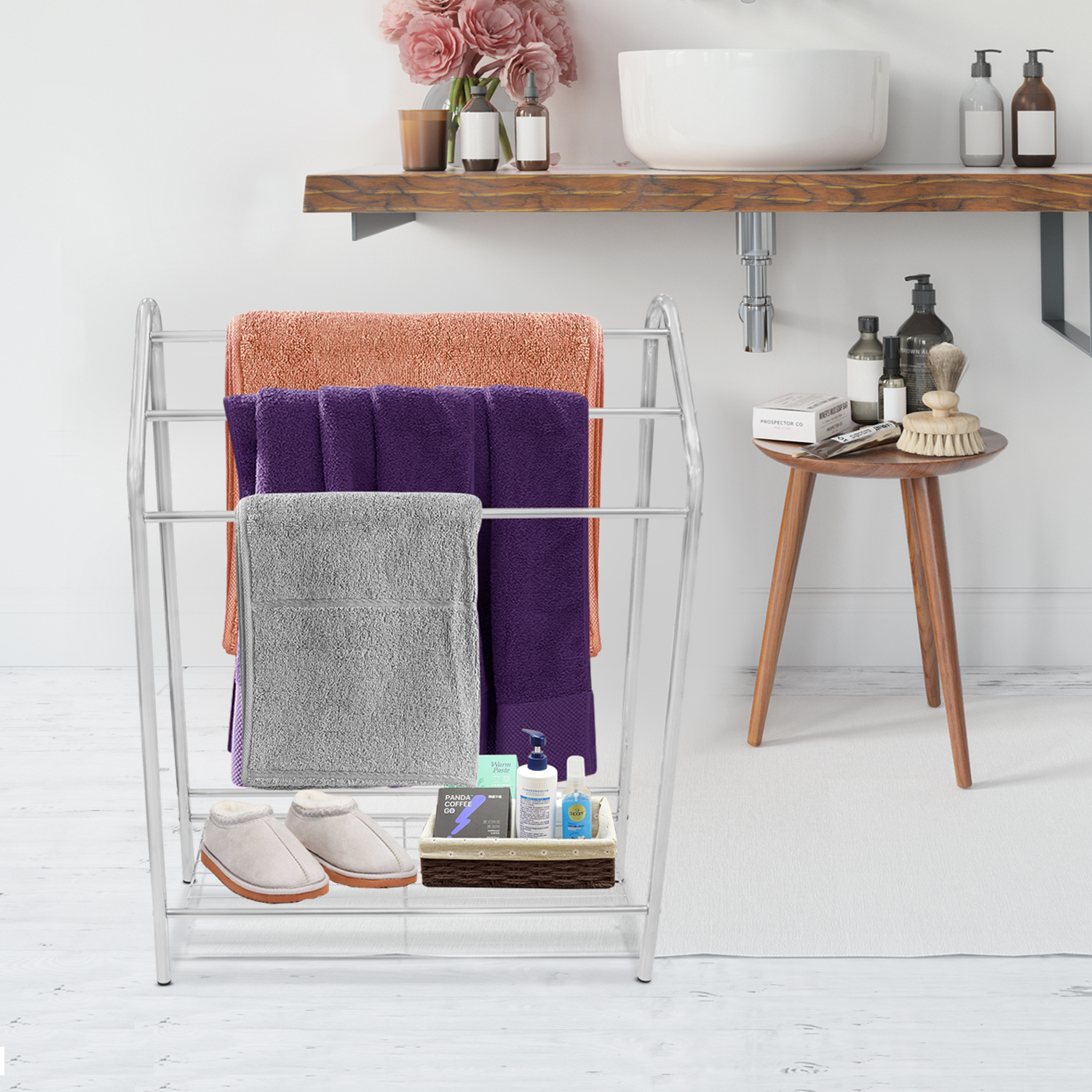 Toallero para baño de Acero Inoxidable, 3 Niveles de Almacenamiento y 1 Estante para Accesorios de baño. Mueble para baño contemporáneo