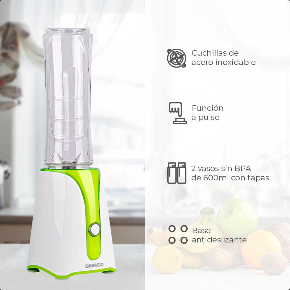 Daewoo Licuadora personal DBL-824, con 2 botes de 600 ml., con potencia de 320W
