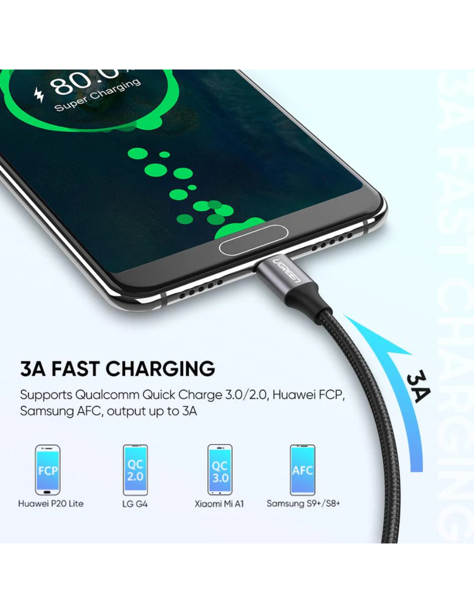 UGREEN Cable USB-A a Tipo C Reforzado con Nylón de 2m Negro.