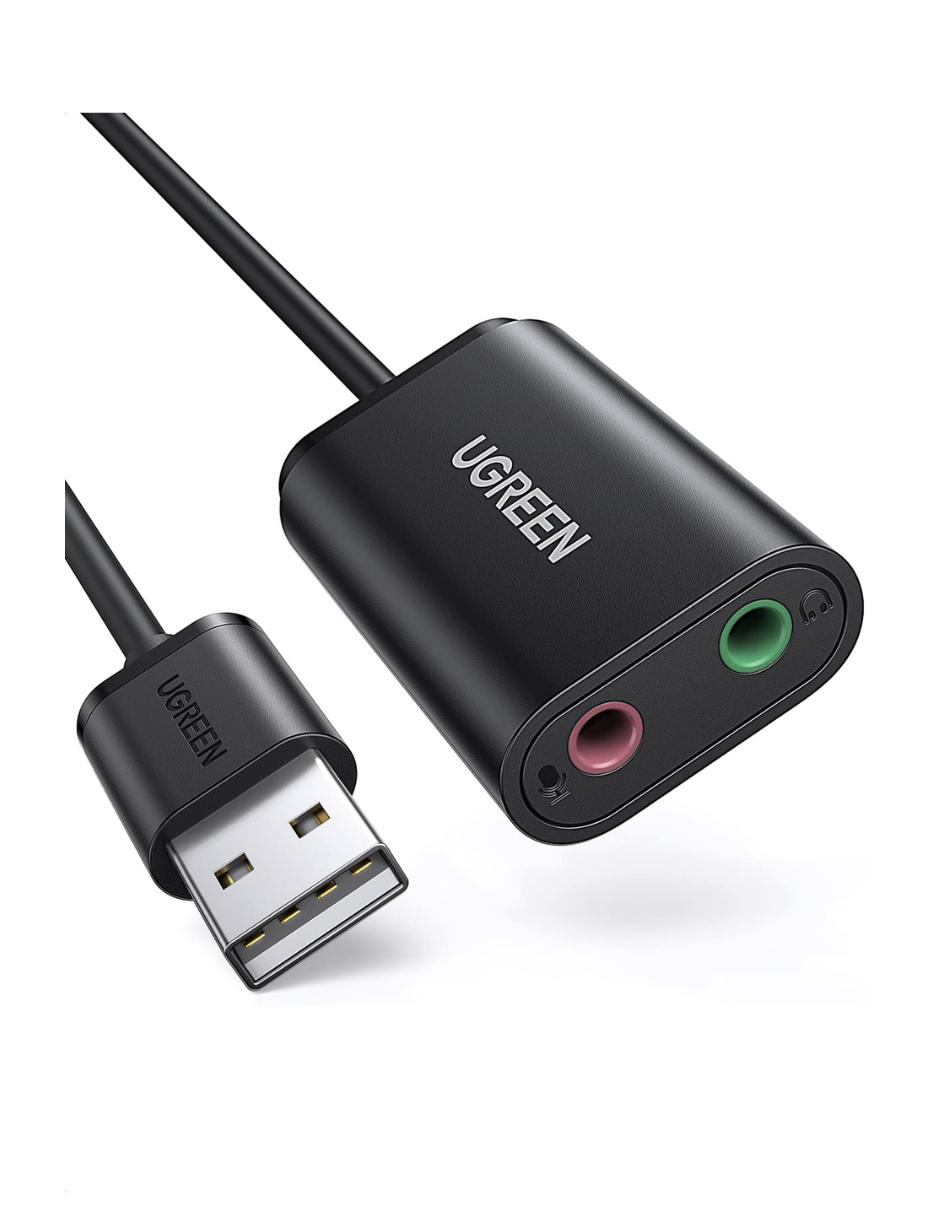 Adaptador de Audio USB a Jacks 3.5mm Ugreen Audio y Microfono Negro.