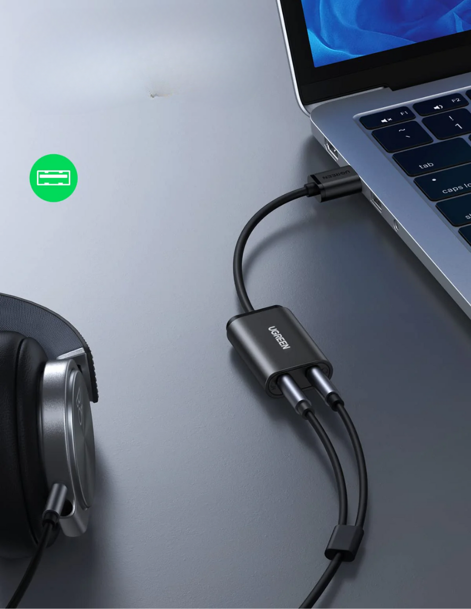 Adaptador de Audio USB a Jacks 3.5mm Ugreen Audio y Microfono Negro.