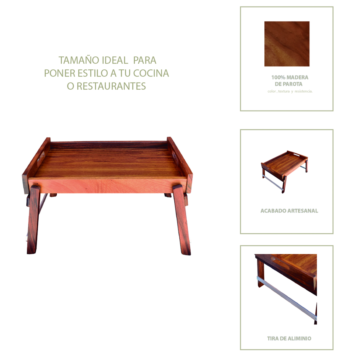 Mesa para Cama de Madera de Parota Mesa desayunador para Alimentos Medidas 40 cm x 50 cm x 27 cm.