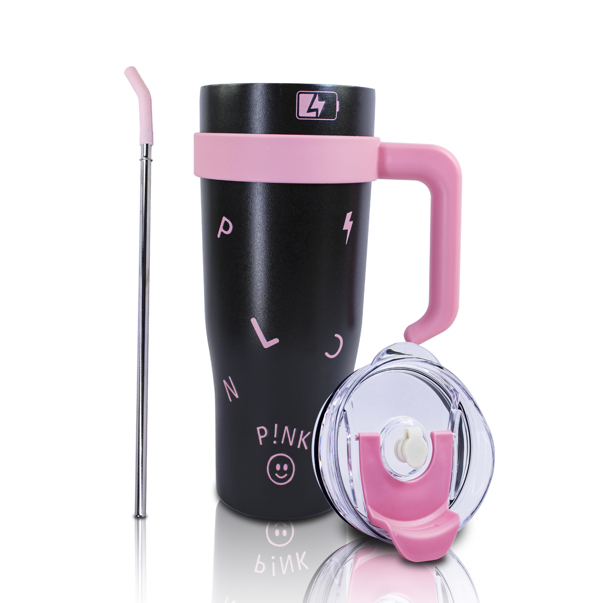 Vaso Termico De Acero Inoxidable Con Popote Termo de 12000ML Negro y Rosa Bigger Hug Bucket