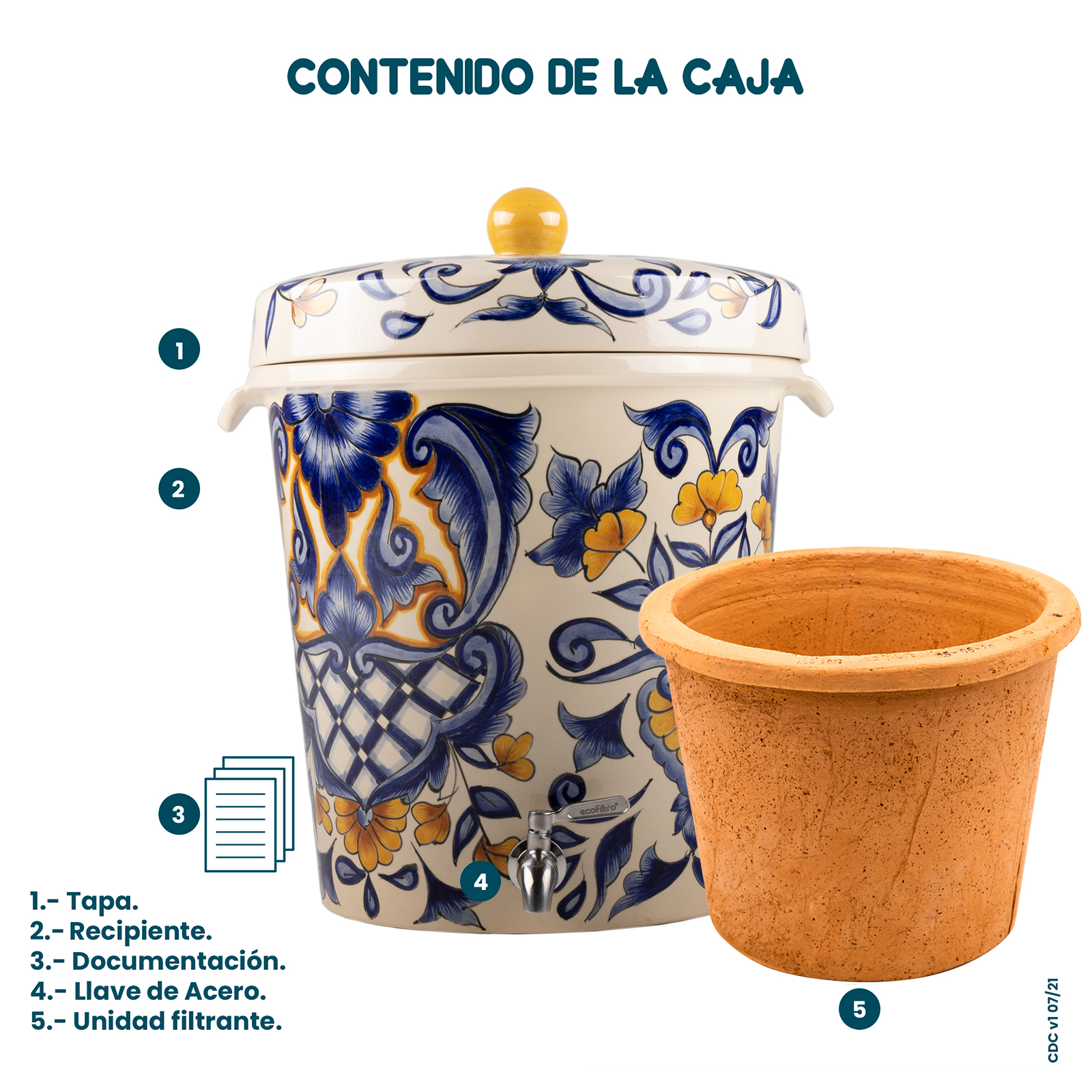 Ecofiltro Purificador Dispensador y Filtro de Agua Cerámica Grande (20 L) Edición Decorados Taxco.