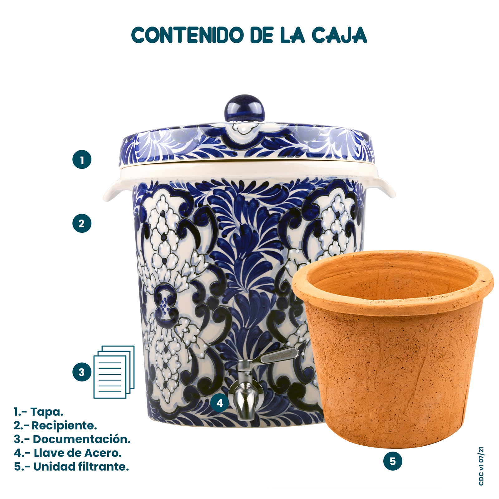 Ecofiltro Purificador Dispensador y Filtro de Agua Cerámica Mediano (8 L) Edición Decorados Cholula.