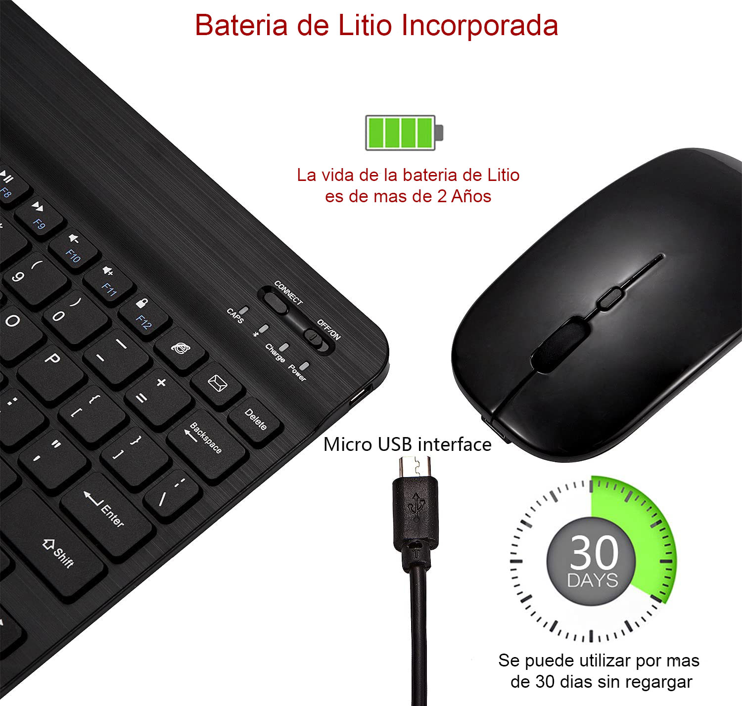 Teclado + Ratón Bluetooth Inalámbrico Recargable para Tablet Tamaño 10 Pulgadas (Negro).