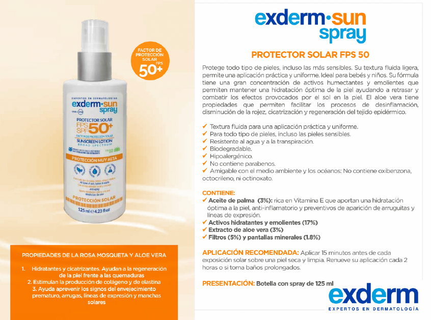Protector Solar El Spray Fps 50+ Exderm Sun 125 Ml