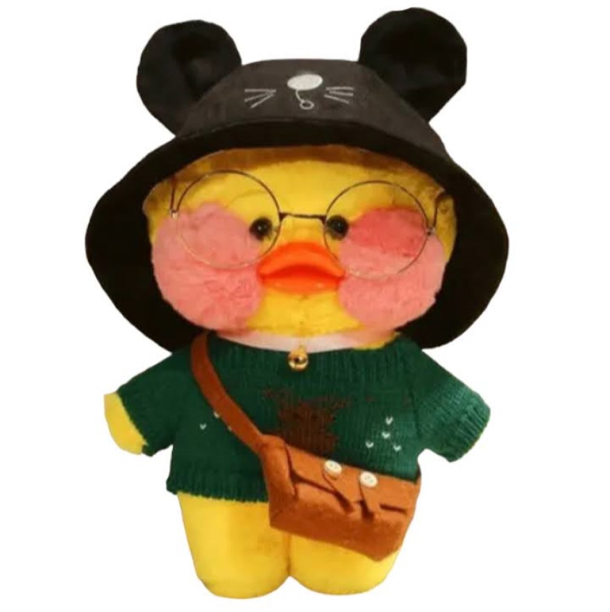 Pato Peluche Lalafanfan 30 cm con ropa, bolsa, lentes, gorro