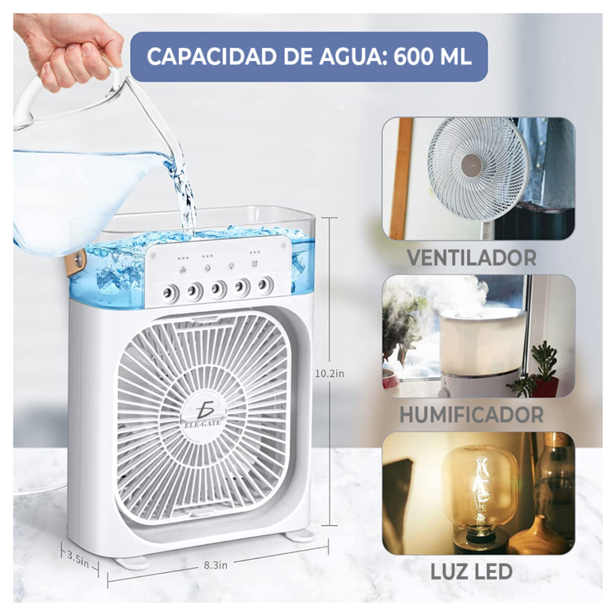 Ventilador Portátil Con Humidificador De Aire Y Luz Led 4en1.