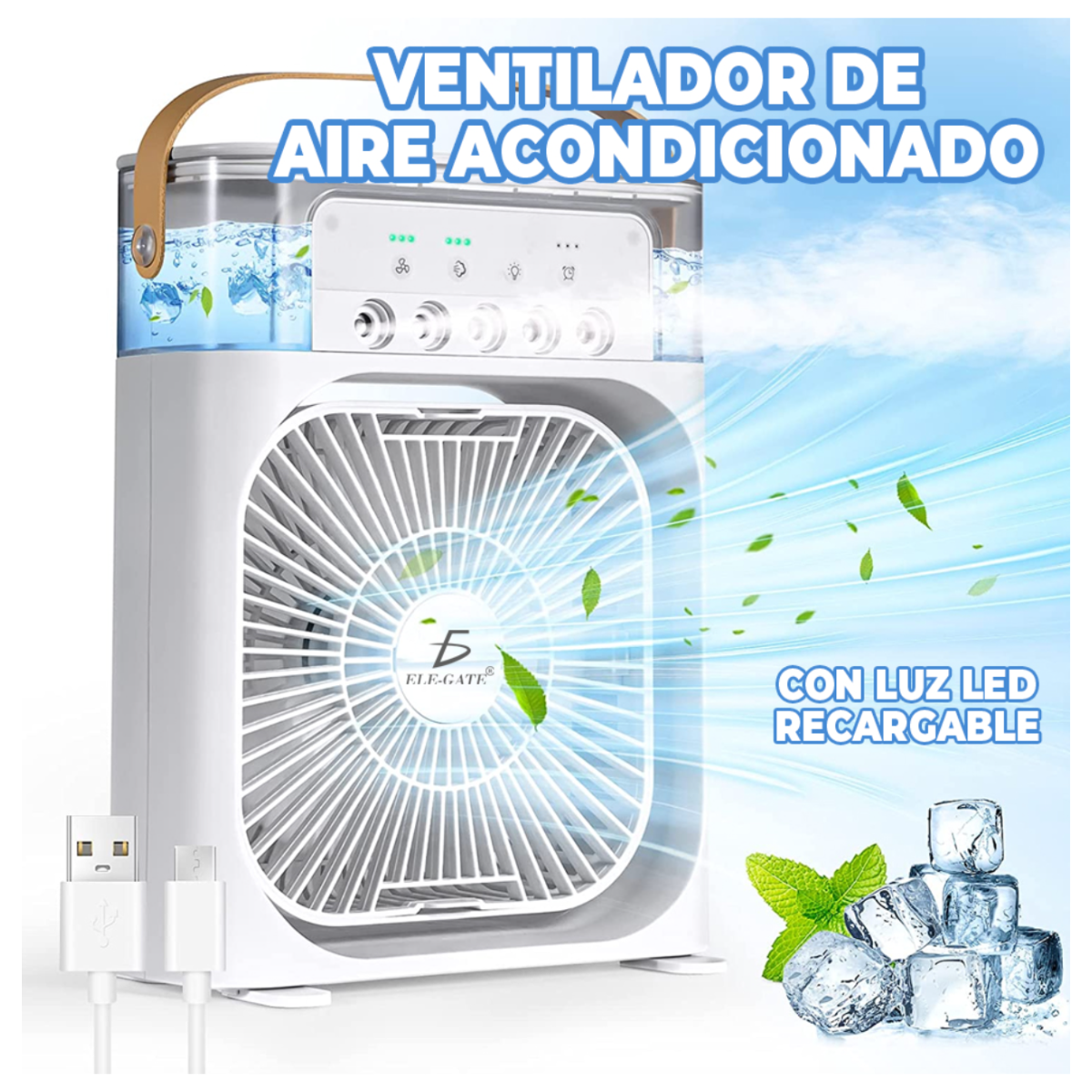 Ventilador Portátil Con Humidificador De Aire Y Luz Led 4en1.