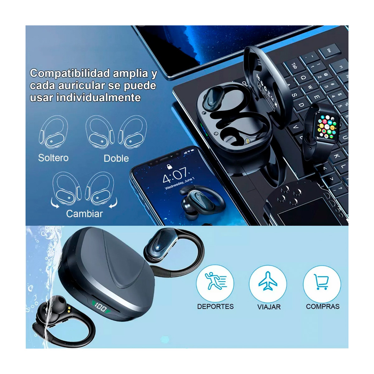 AURICULARES INALÁMBRICOS PETUKITA BOX DEPORTIVOS BLUETOOTH CON GANCHOS BX17