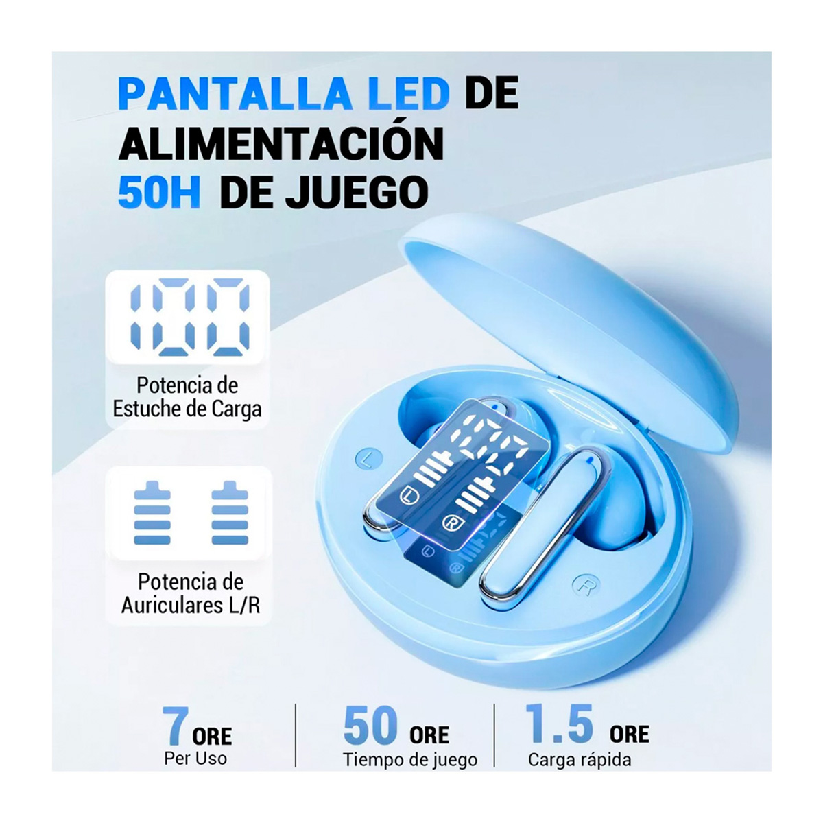 Audífonos in-ear gamer inalámbricos Petukita Box True Wireless FlyPods con luz LED Azul