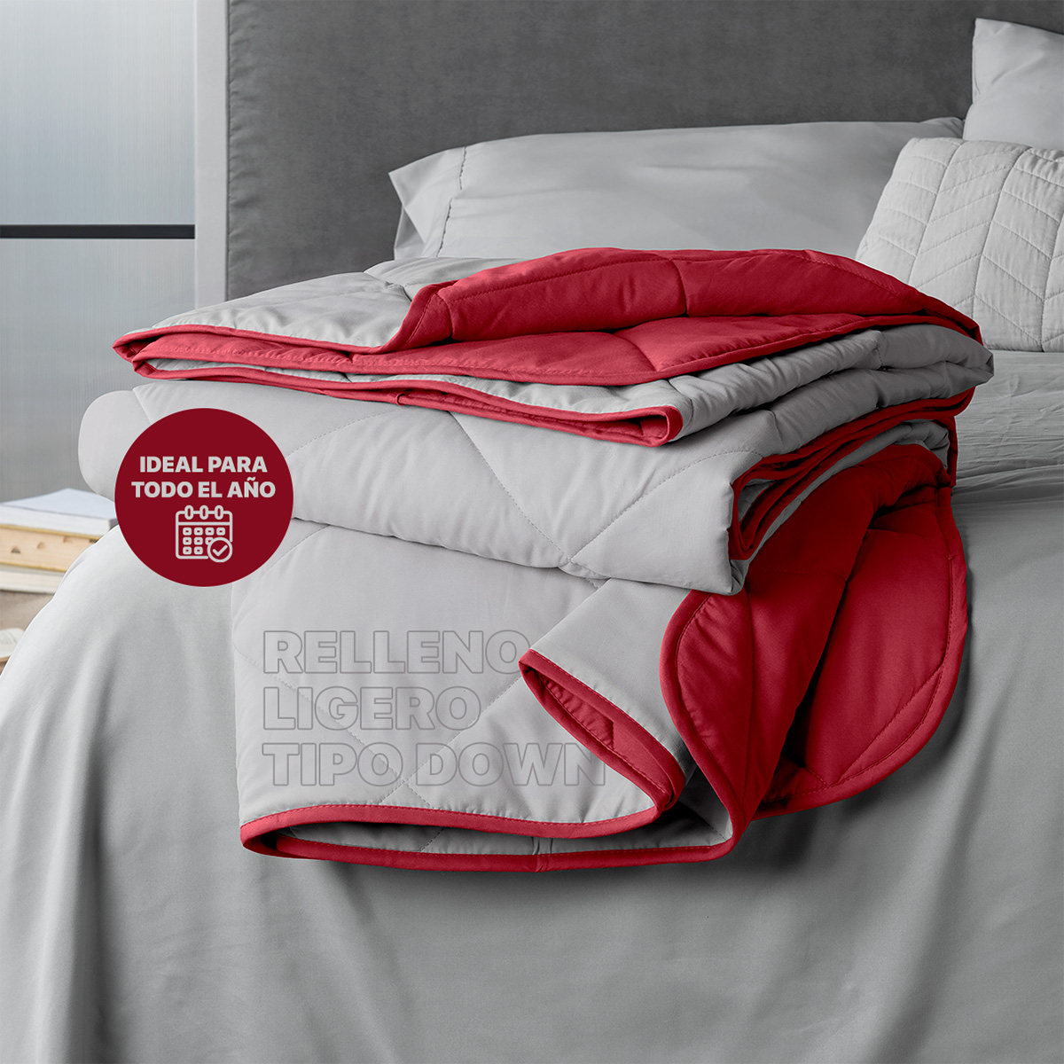 Edredón Colcha Ligero de Doble Vista Individual Gris Claro - Rojo Real Textil.