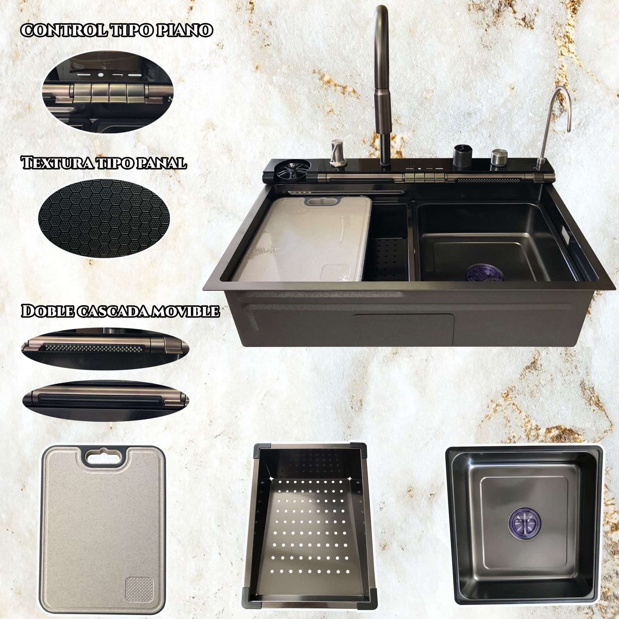 Tarja para Cocina Fregadero Doble Cascada De Lujo Led Acero Inoxidable 75cm X 46cm X 20cm