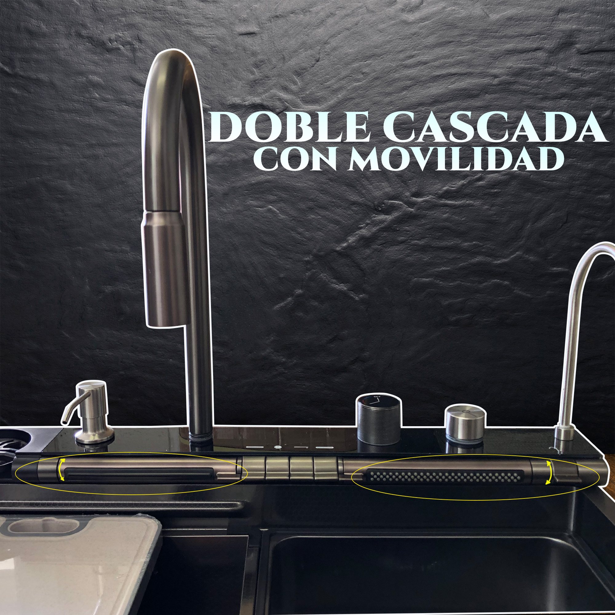 Tarja para Cocina Fregadero Doble Cascada De Lujo Led Acero Inoxidable 75cm X 46cm X 20cm