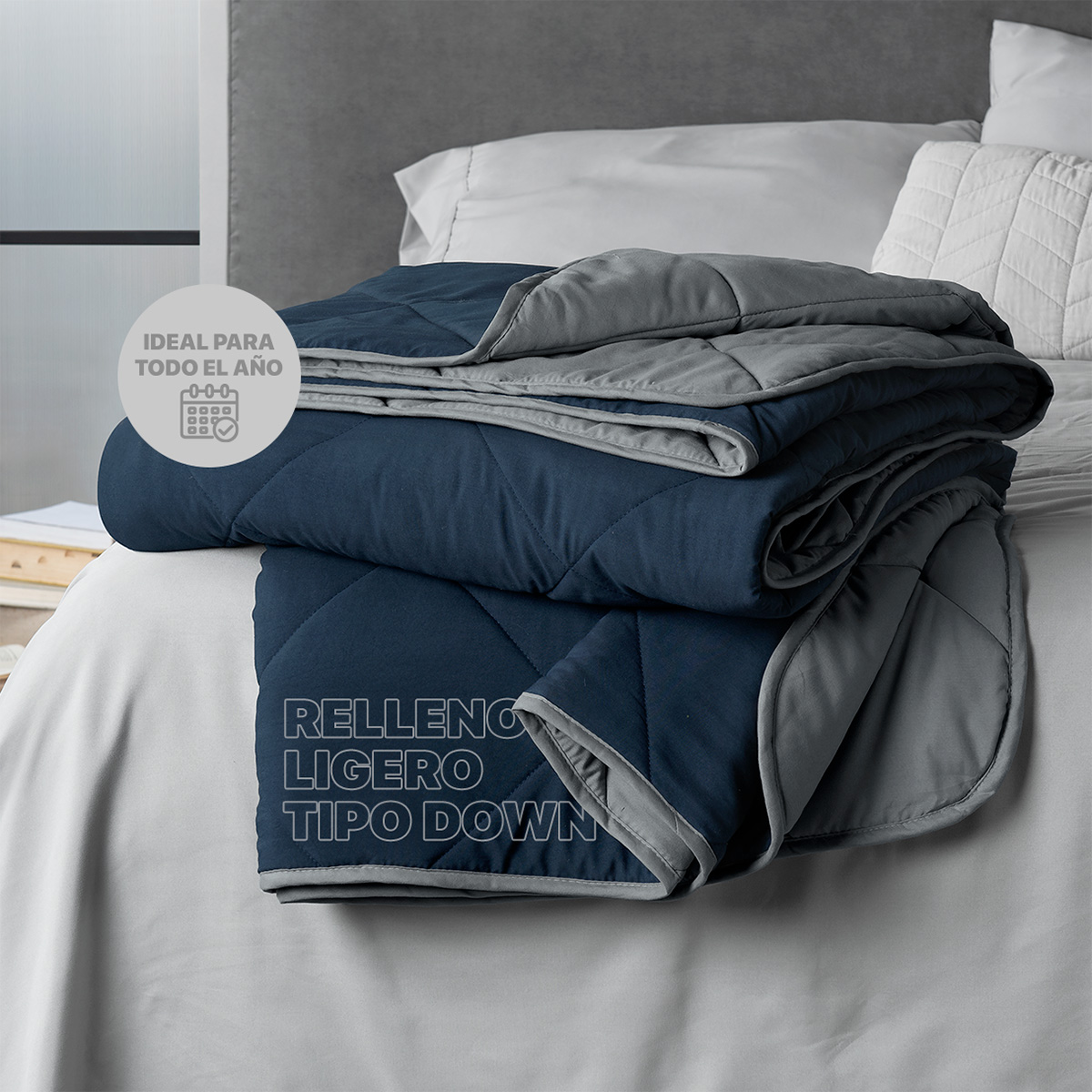 Edredón Colcha Ligero de Doble Vista Matrimonial Azul - Gris Real Textil.