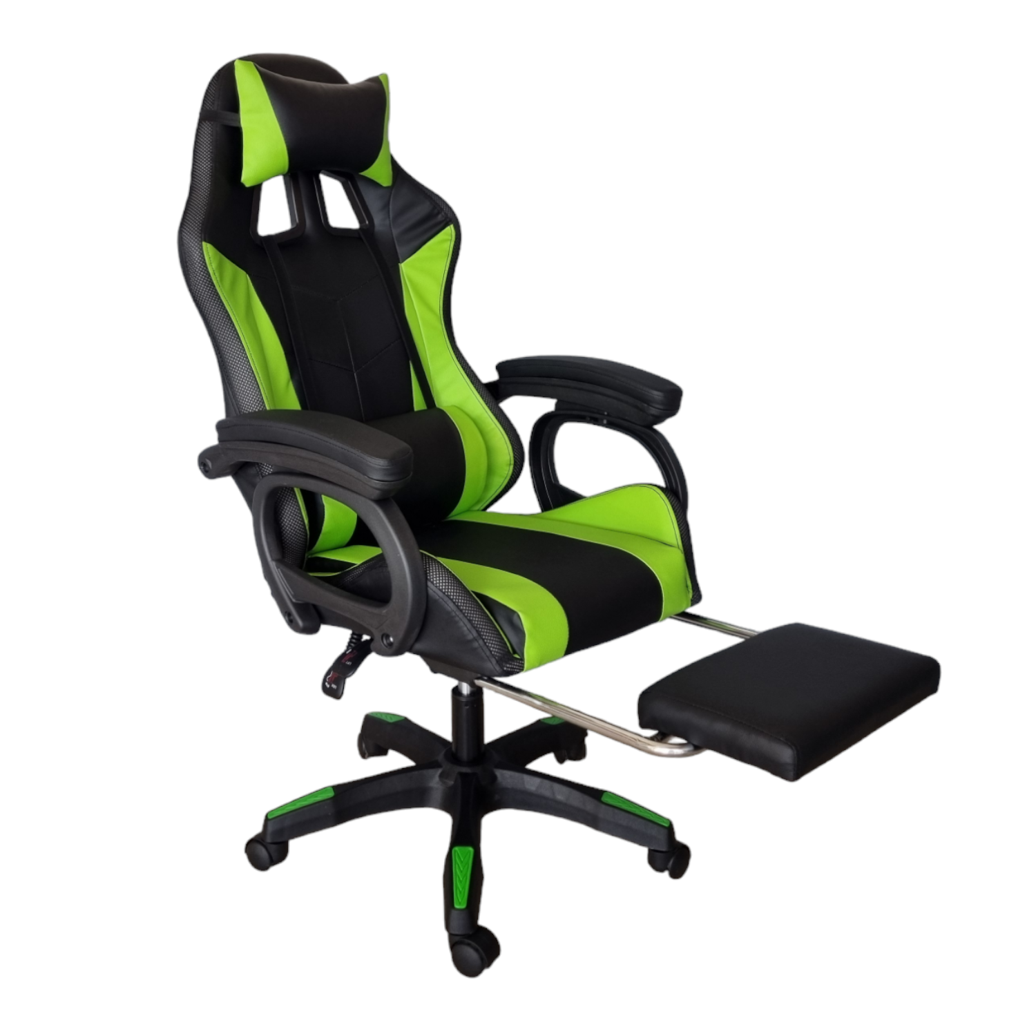 Silla Gamer Led RGB con masajeador, descansa pies, reclinable Verde con Negro
