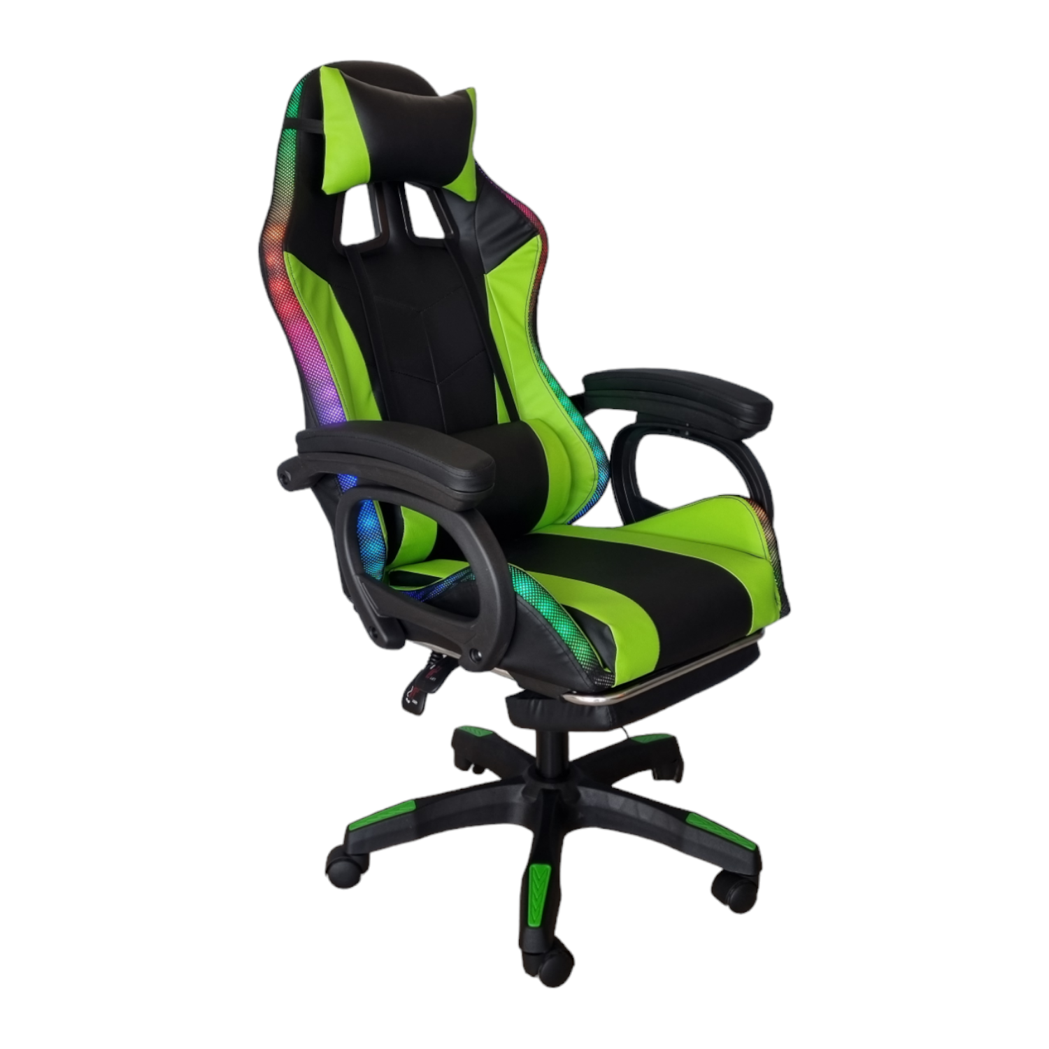 Silla Gamer Led RGB con masajeador, descansa pies, reclinable Verde con Negro