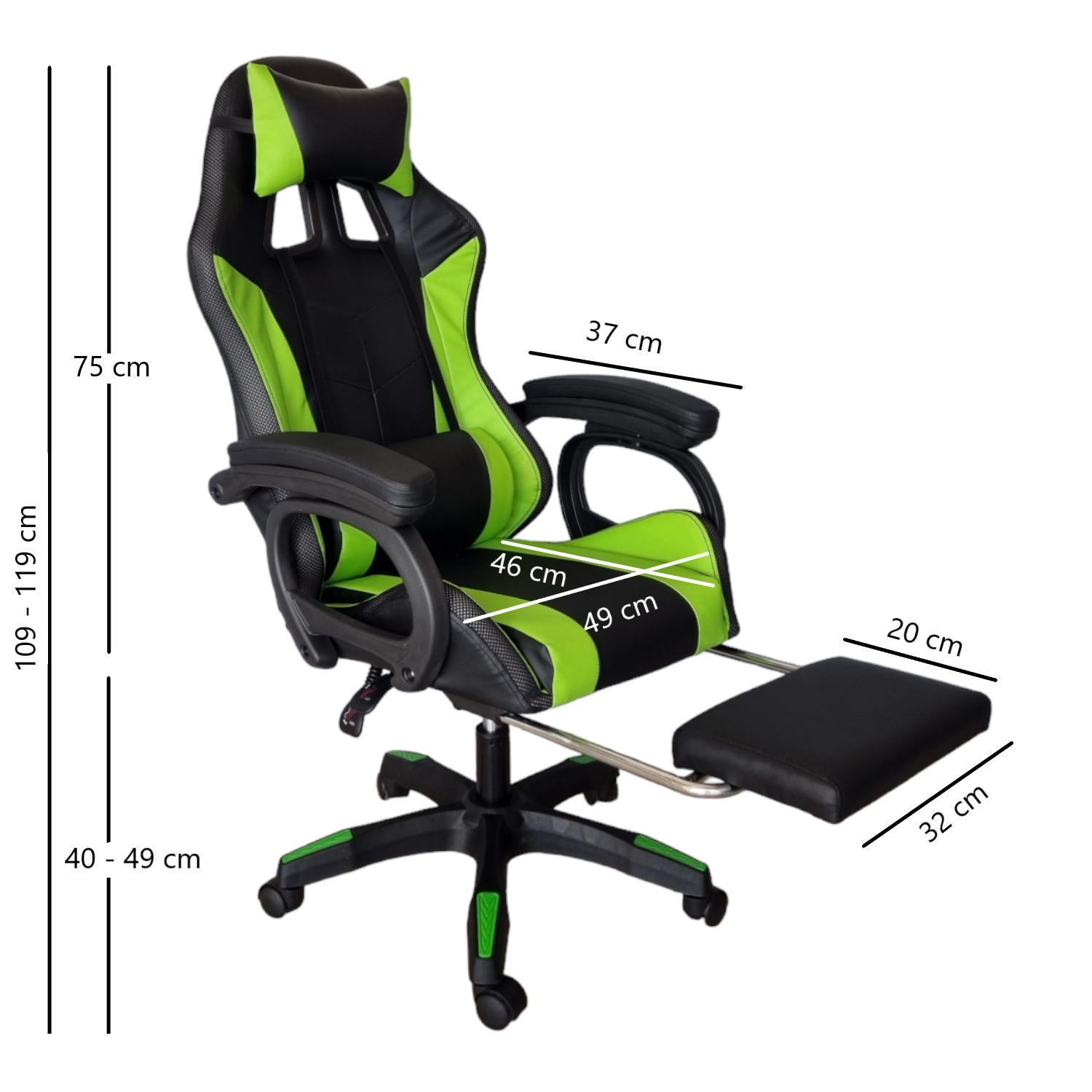 Silla Gamer Led RGB con masajeador, descansa pies, reclinable Verde con Negro