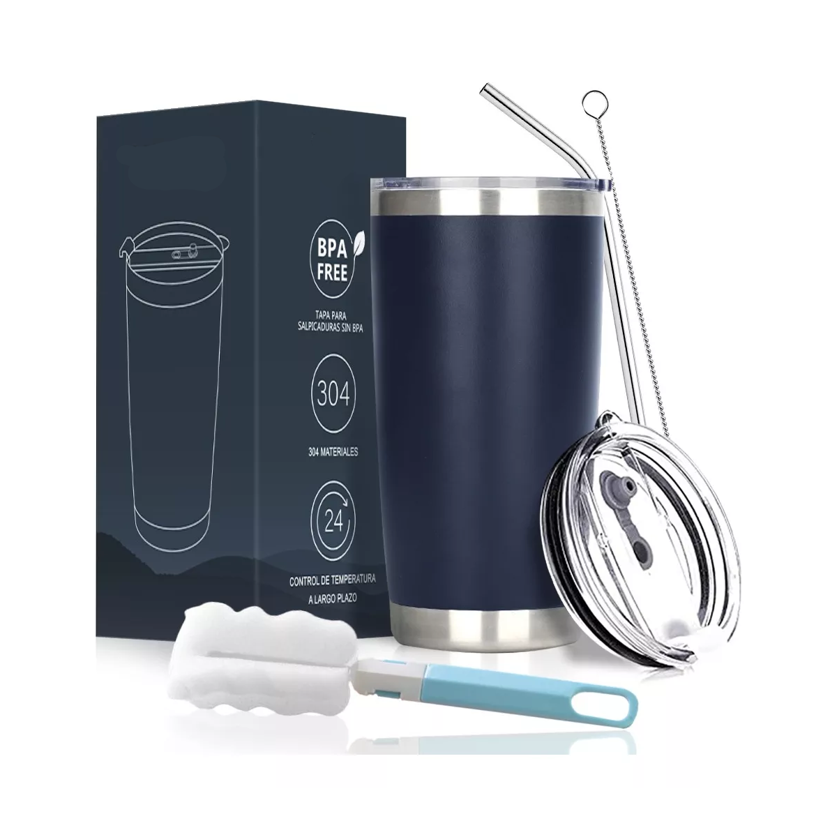 Vaso Térmico De 20oz Acero Inoxidable Con Popote Y Cepillo Azul Oscuro