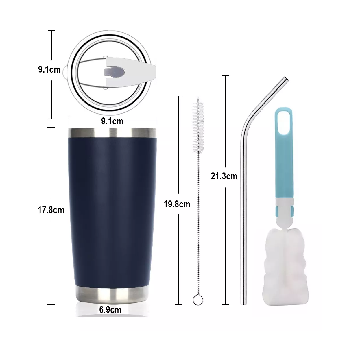 Vaso Térmico De 20oz Acero Inoxidable Con Popote Y Cepillo Azul Oscuro