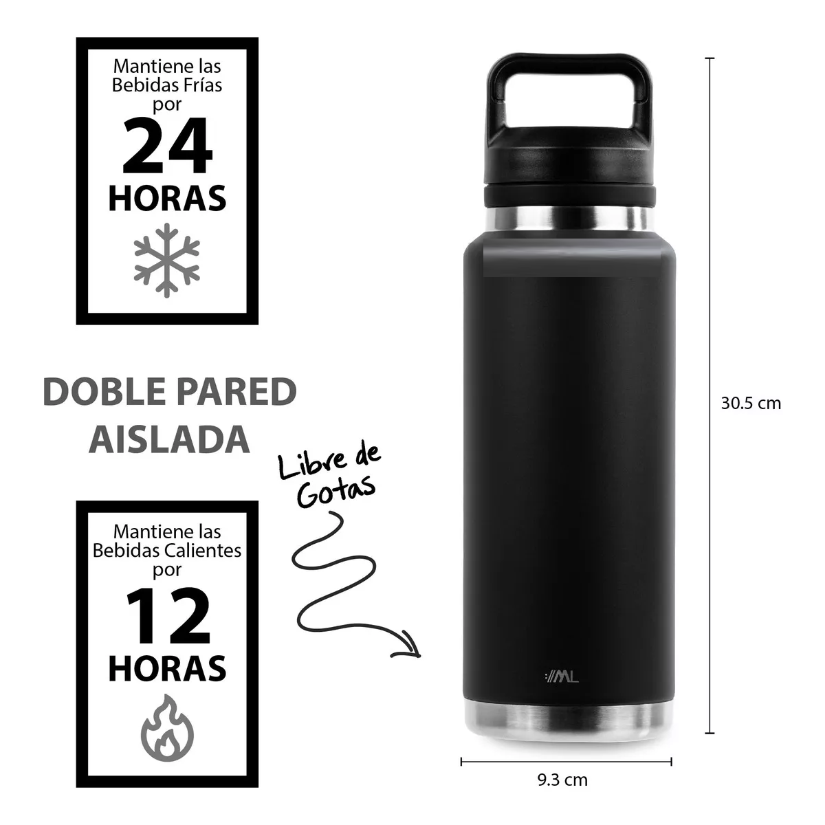 Termo Acero Inoxidable Café Y Agua 33 Oz Tapa Hermética Negro